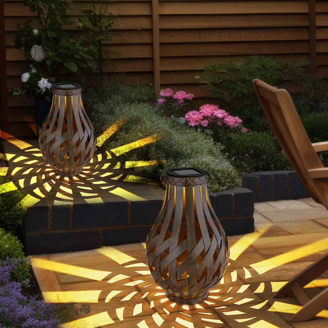 Solar LED Garden Lights Set, Brown Bamboo, IP44, 2-Pack