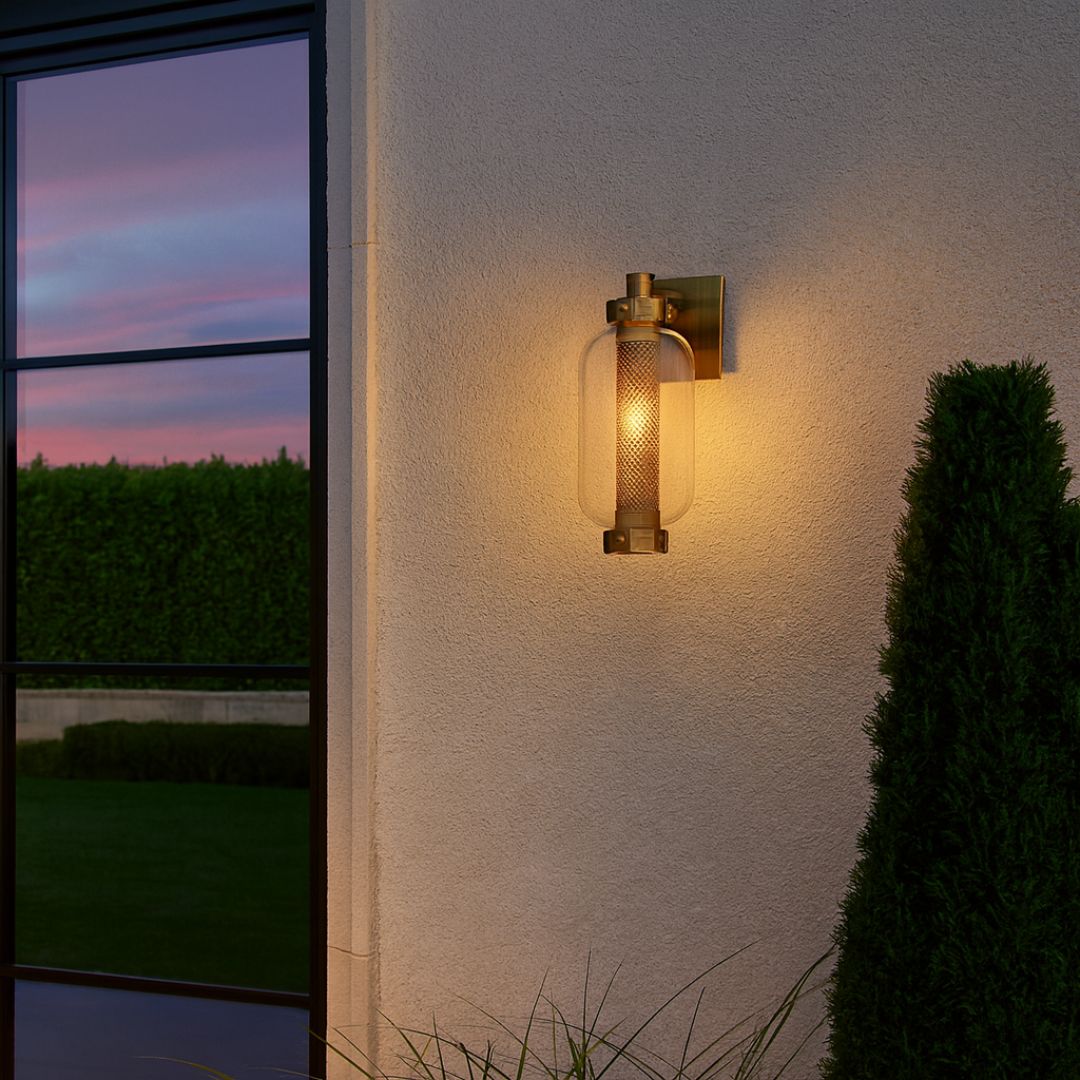 Outdoor Wall Sconce Light Brass Glass Cylinder Wet Rated