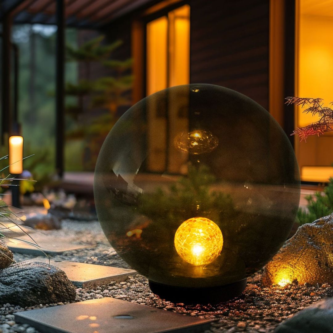 LED Solar Garden Lamp Sphere Crackle Glass Black IP44