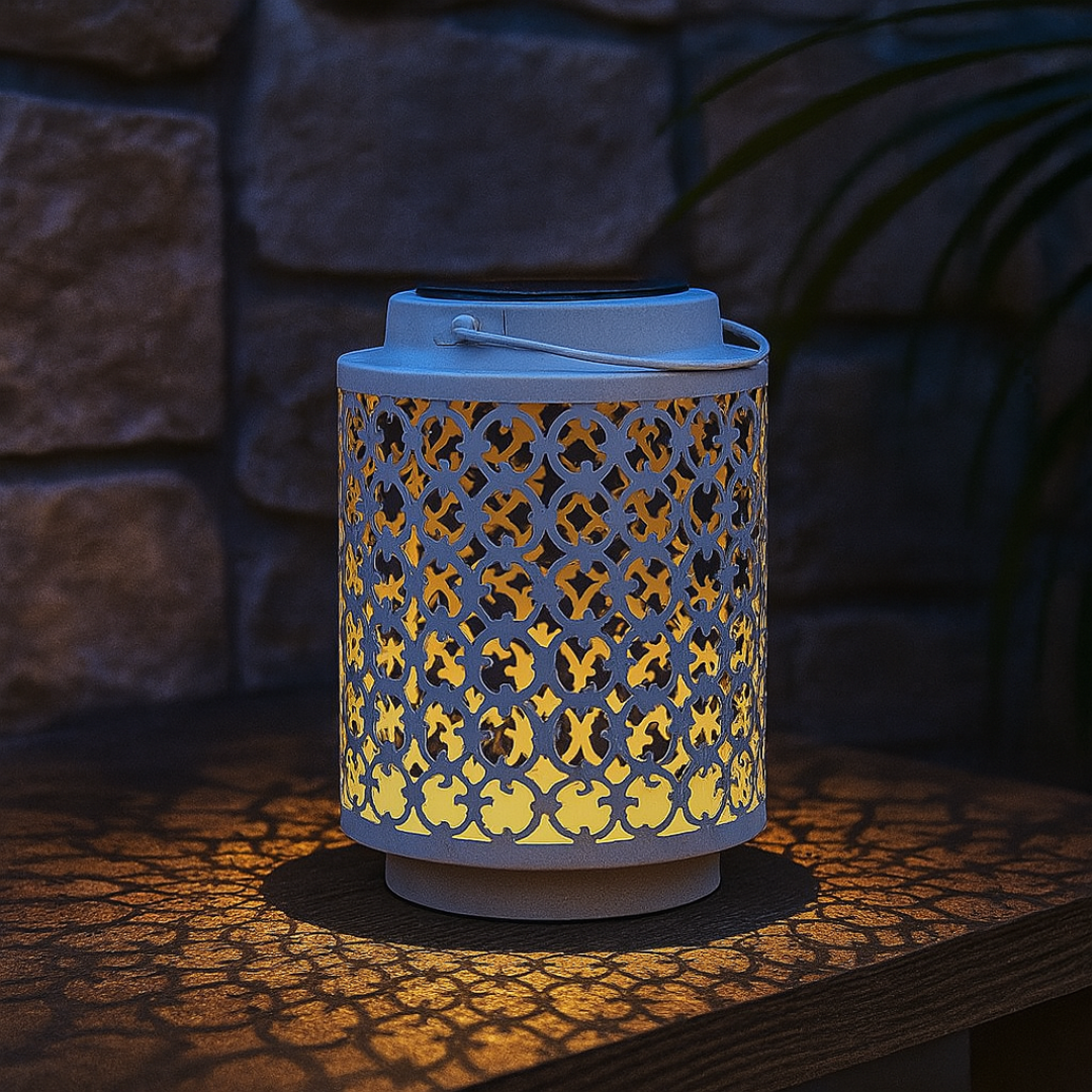 Solar LED Garden Lantern White Metal Oriental Design 7in Outdoor