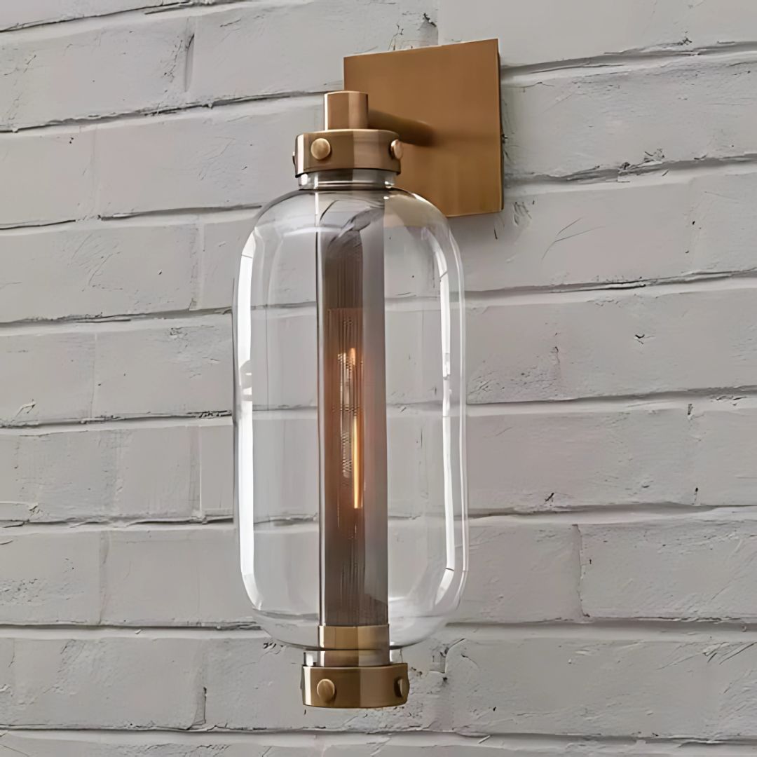 Outdoor Wall Sconce Light Brass Glass Cylinder Wet Rated