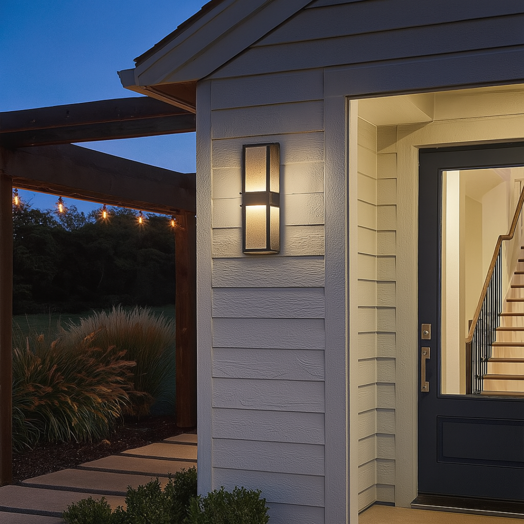 LED Outdoor Wall Sconce Black Seeded Glass 18in Dimmable Waterproof