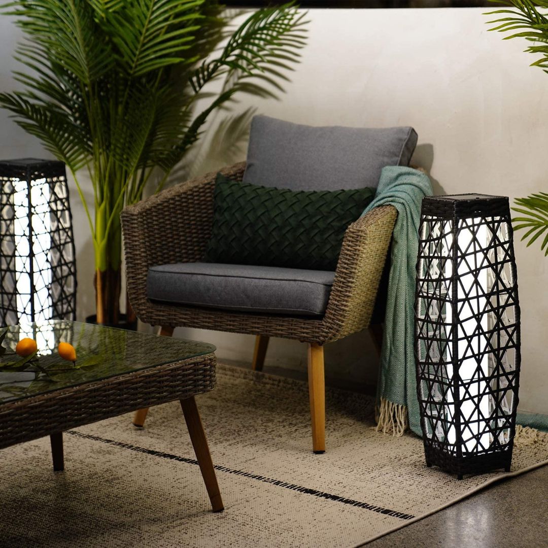 Solar-Powered Wicker Outdoor Lantern Floor Lamp – Weather-Resistant Design