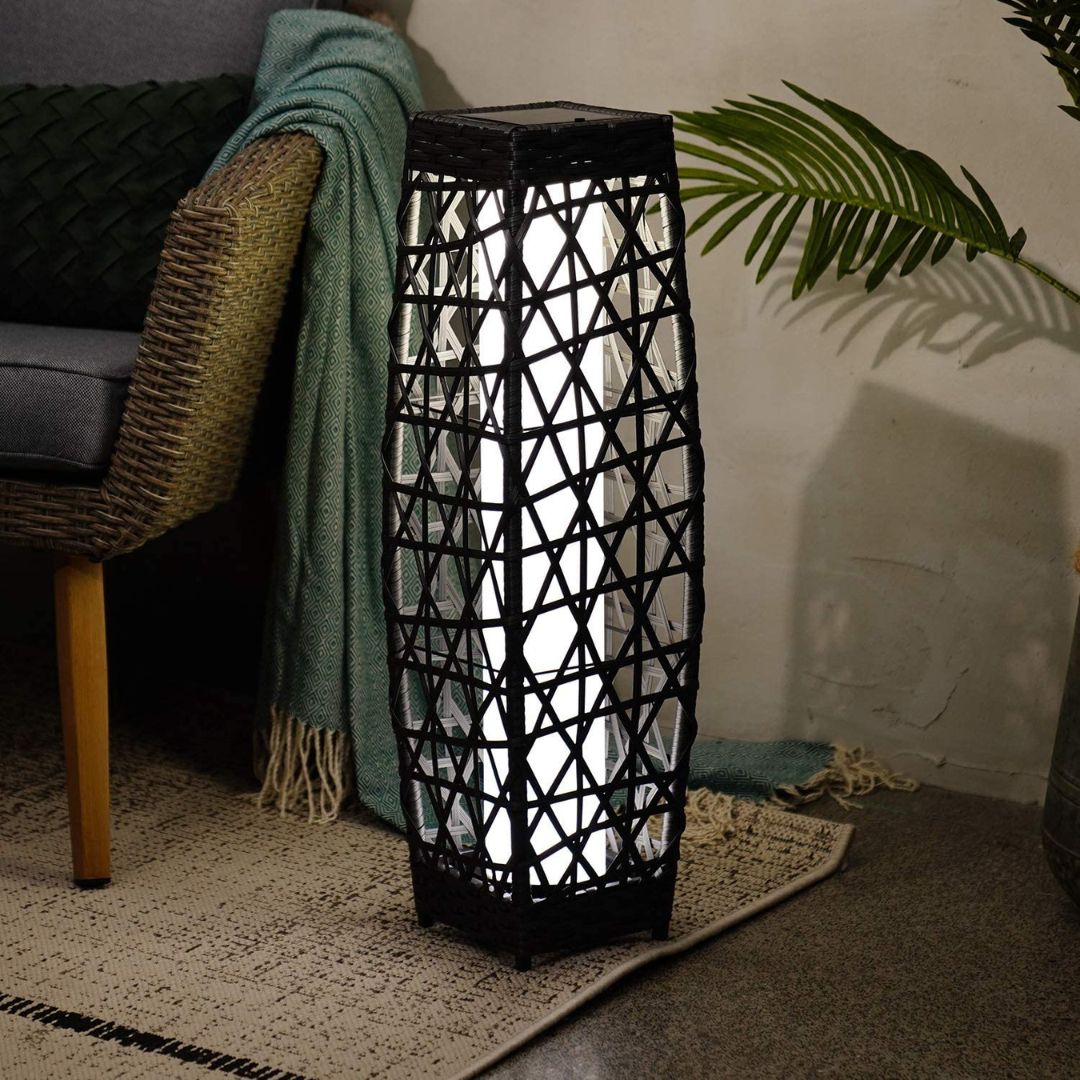 Solar-Powered Wicker Outdoor Lantern Floor Lamp – Weather-Resistant Design