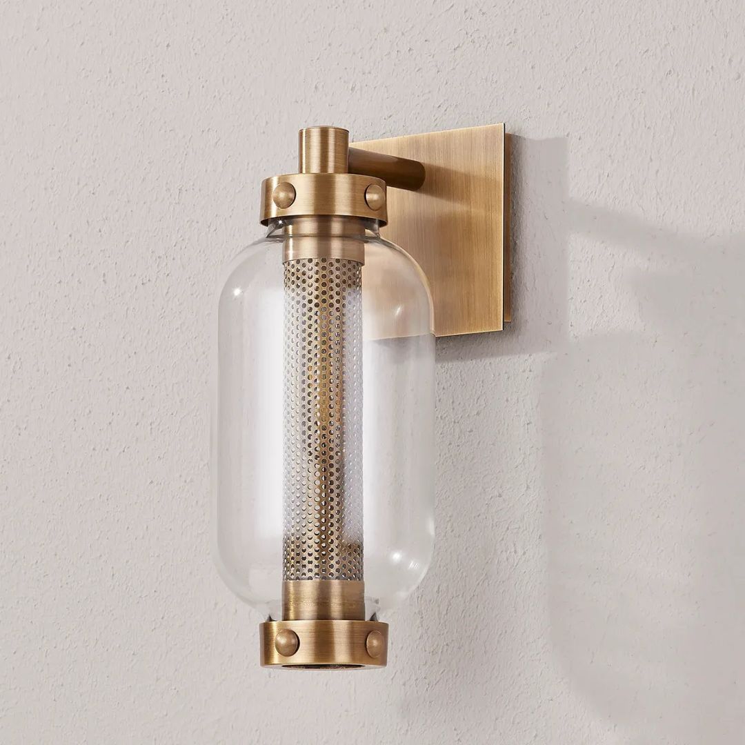Outdoor Wall Sconce Light Brass Glass Cylinder Wet Rated