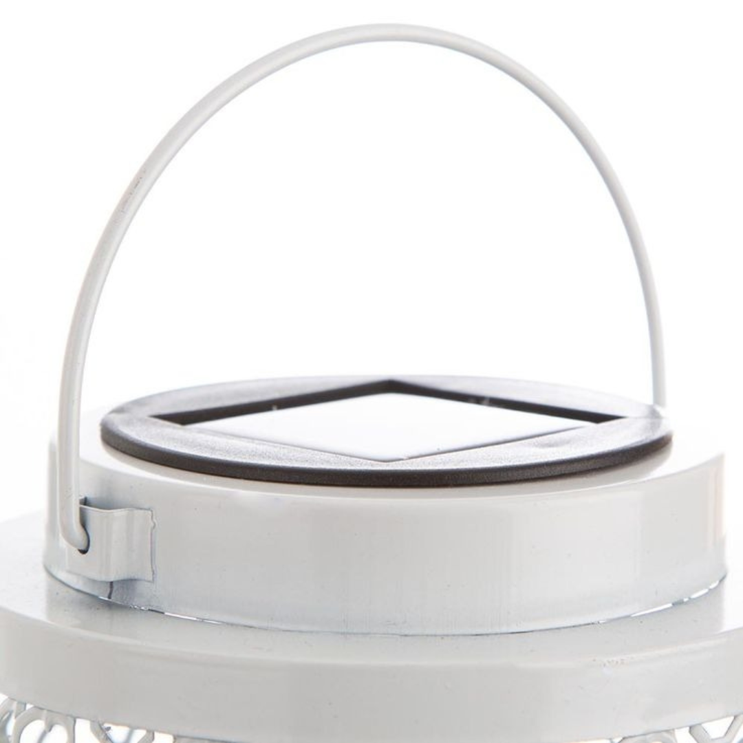 Solar LED Garden Lantern White Metal Oriental Design 7in Outdoor
