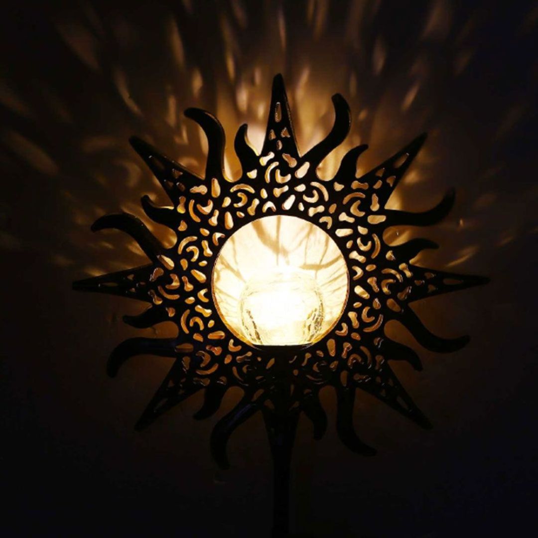 Solar Sun Garden Light with Iron Frame and Glass Globe – Gold