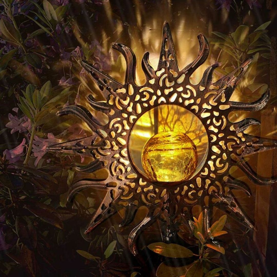 Solar Sun Garden Light with Iron Frame and Glass Globe – Gold