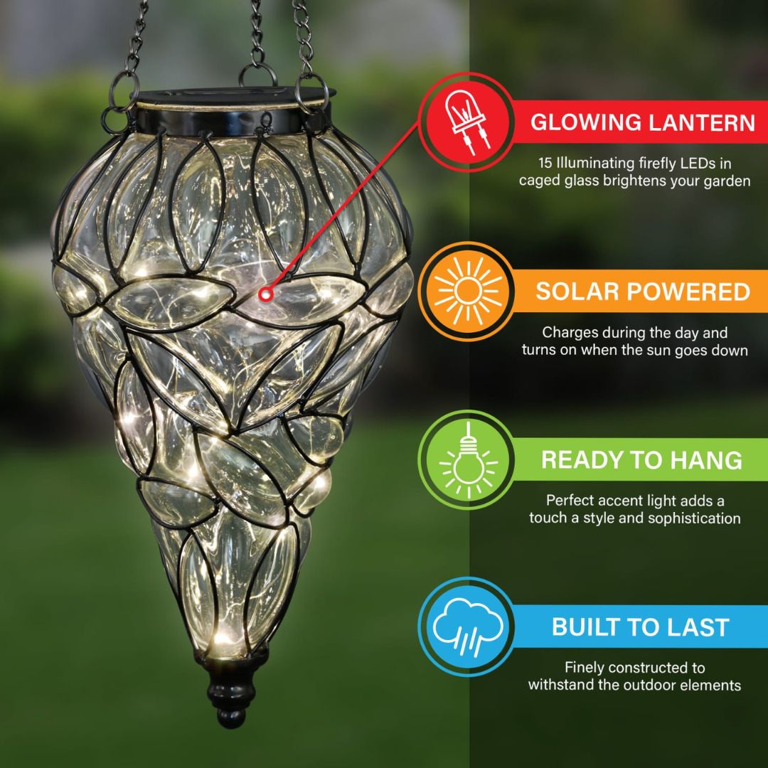 Solar Hanging Lantern with 15 LED Lights – Tear-Shaped Metal Design