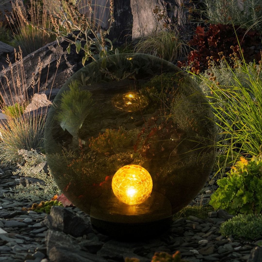 LED Solar Garden Lamp Sphere Crackle Glass Black IP44