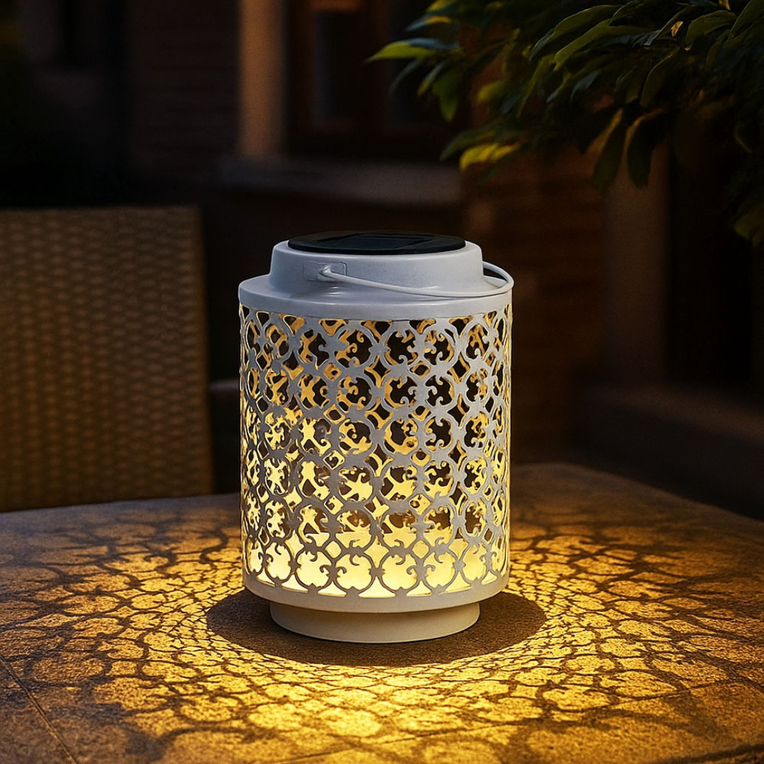 Solar LED Garden Lantern White Metal Oriental Design 7in Outdoor