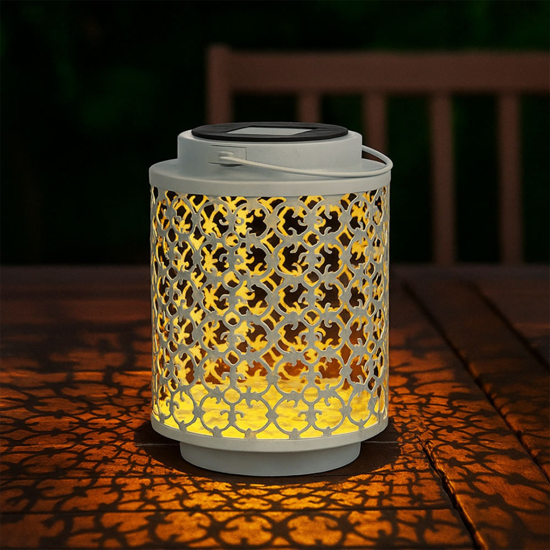 Solar LED Garden Lantern White Metal Oriental Design 7in Outdoor