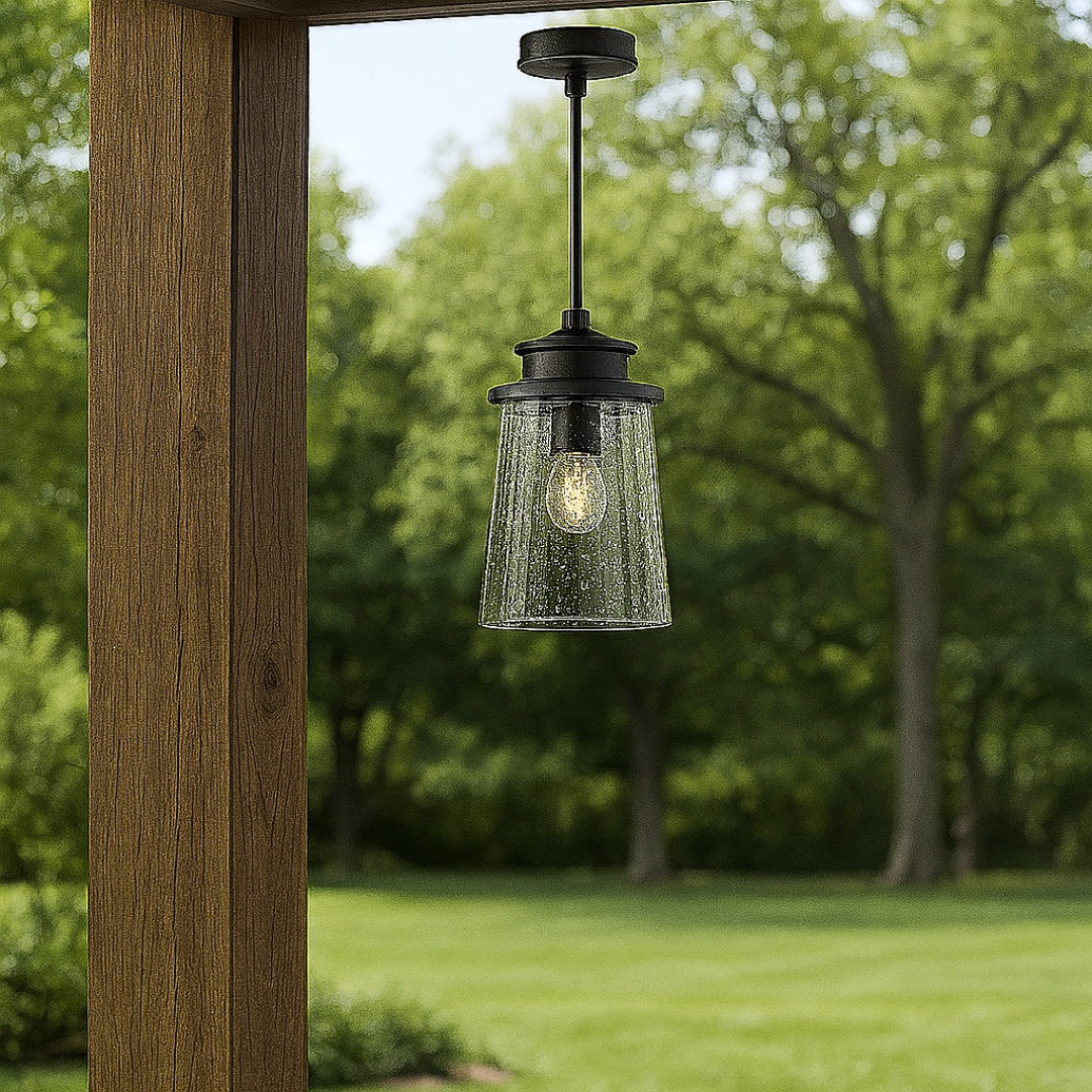 Outdoor Pendant Light with Clear Glass and Matte Black Frame - Weather-Resistant