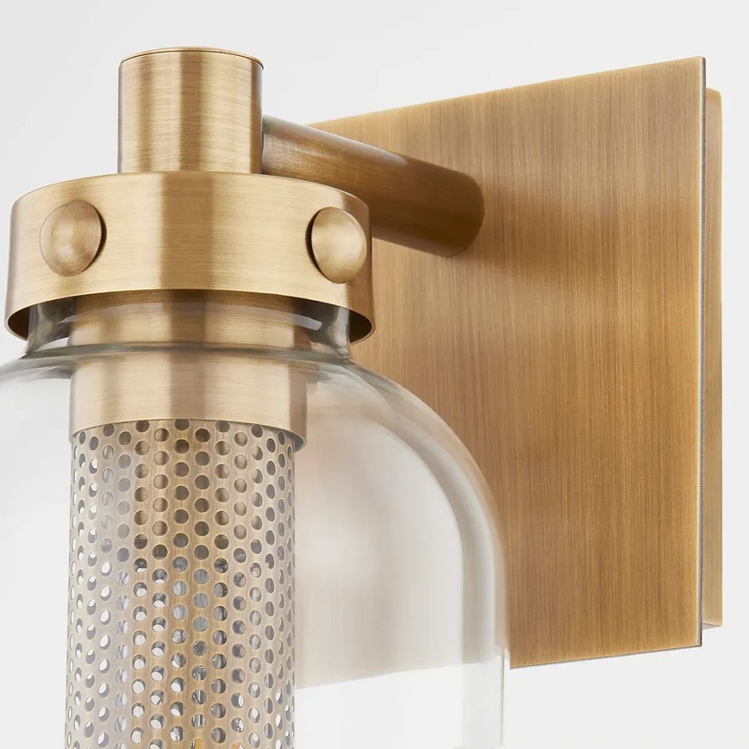 Outdoor Wall Sconce Light Brass Glass Cylinder Wet Rated