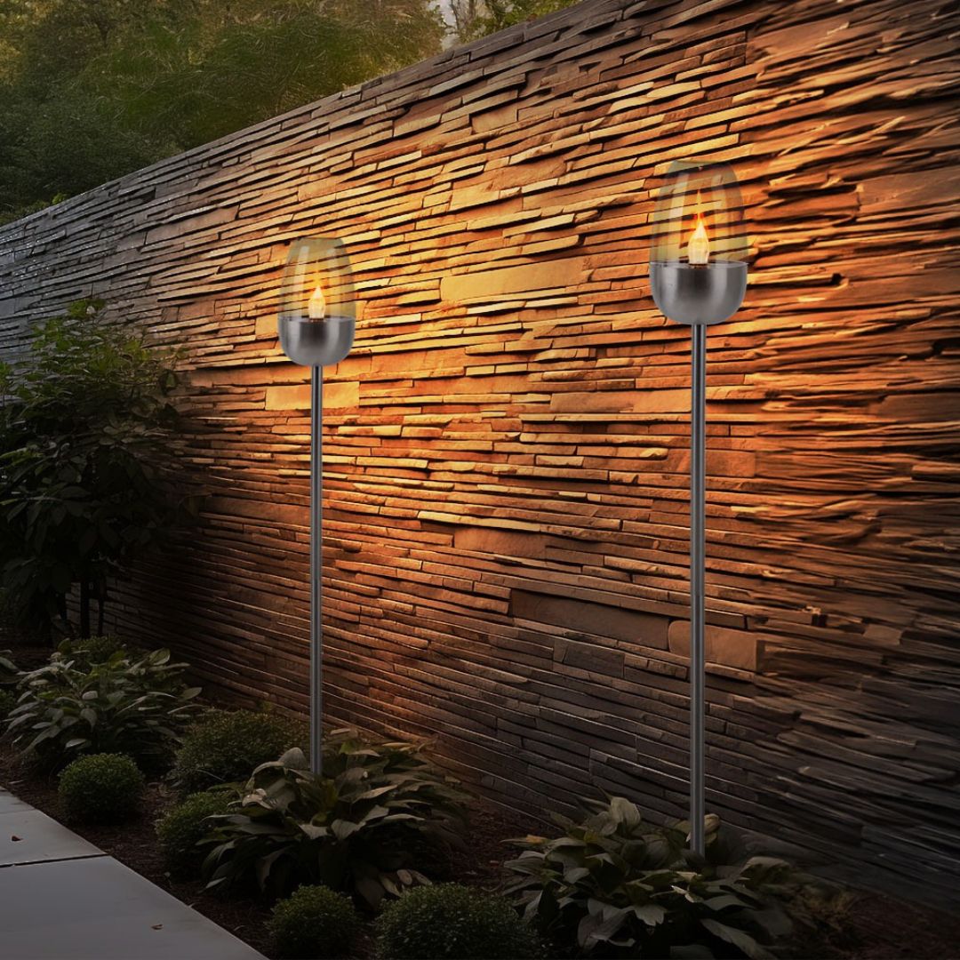 Solar LED Garden Light Set Flame Effect Silver Spike