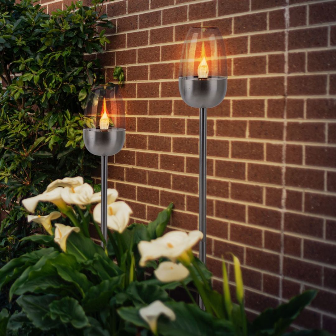 Solar LED Garden Light Set Flame Effect Silver Spike