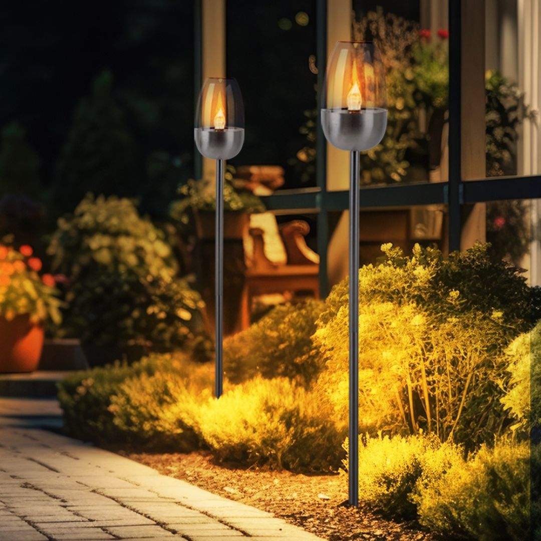 Solar LED Garden Light Set Flame Effect Silver Spike