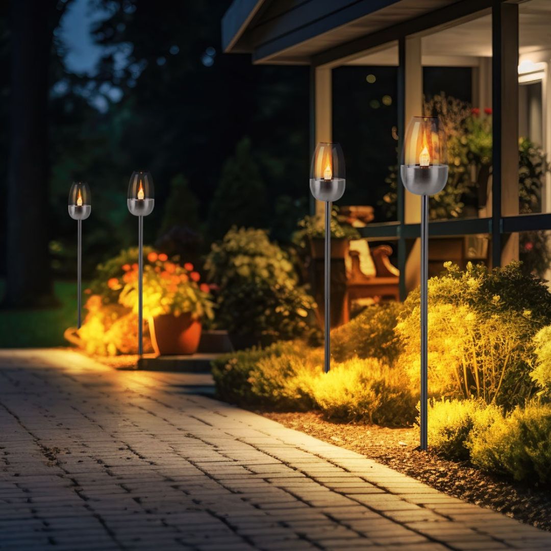 Solar LED Garden Light Set Flame Effect Silver Spike