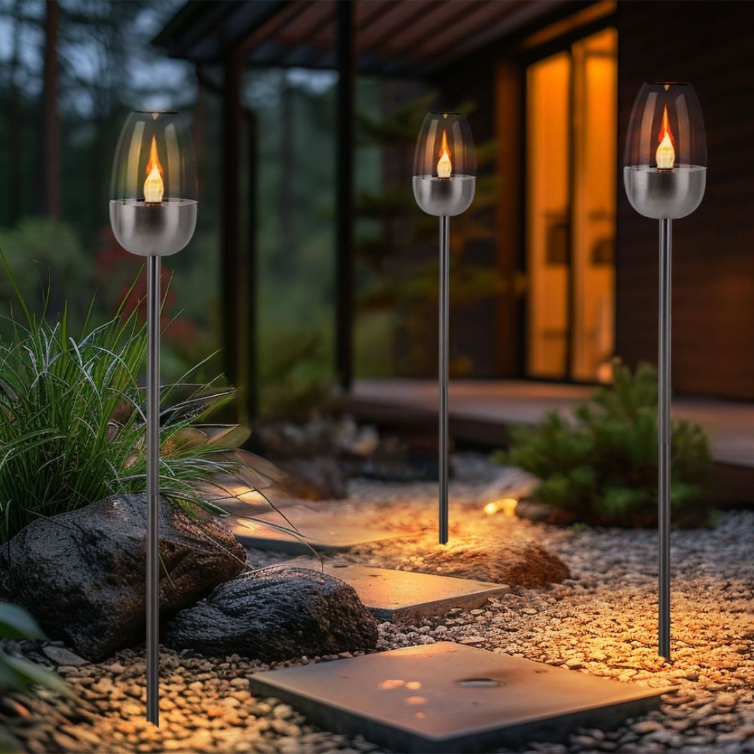 Solar LED Garden Light Set Flame Effect Silver Spike