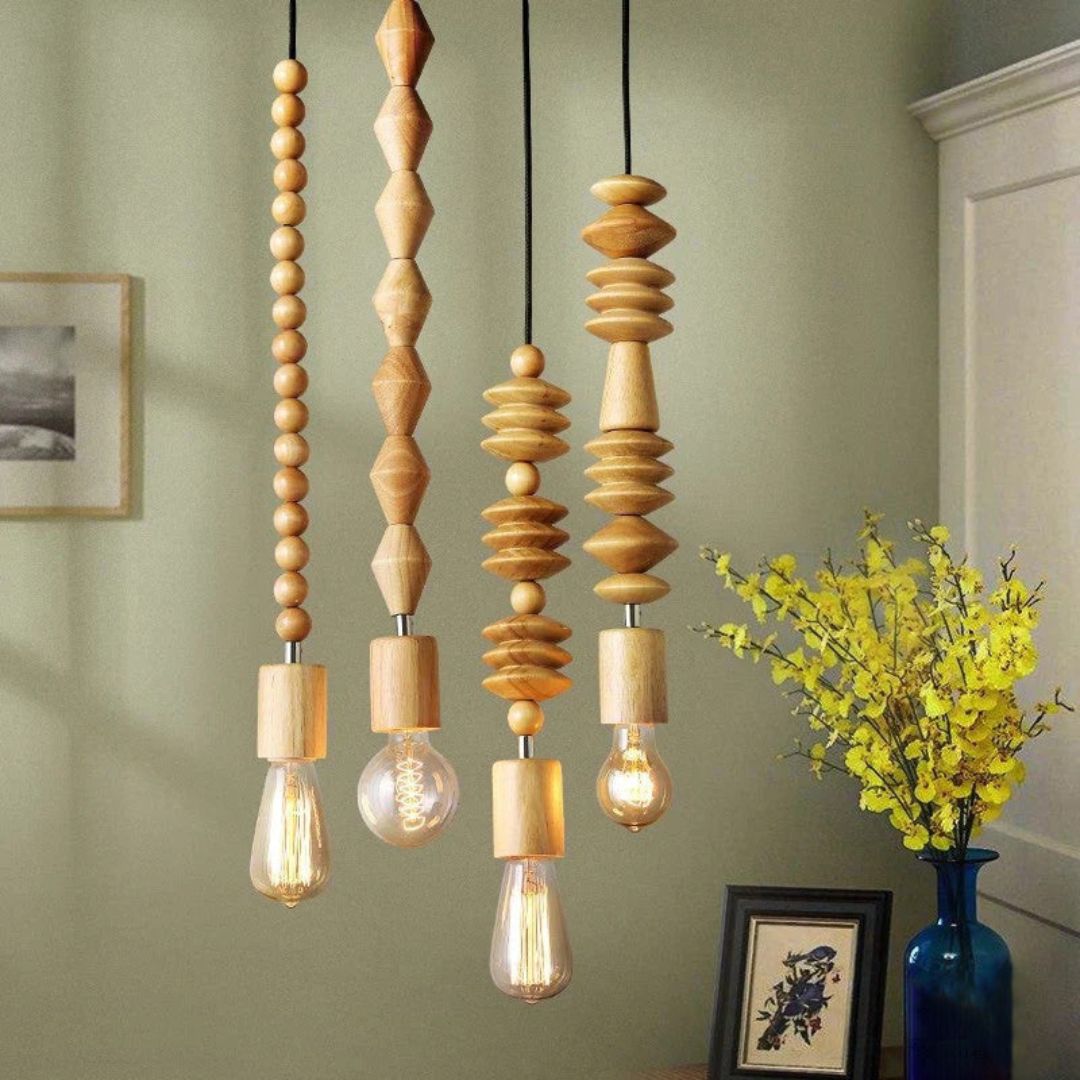 Wooden Beads Pendant Lamp for Kitchen Island - Rustic Modern Hanging Lights