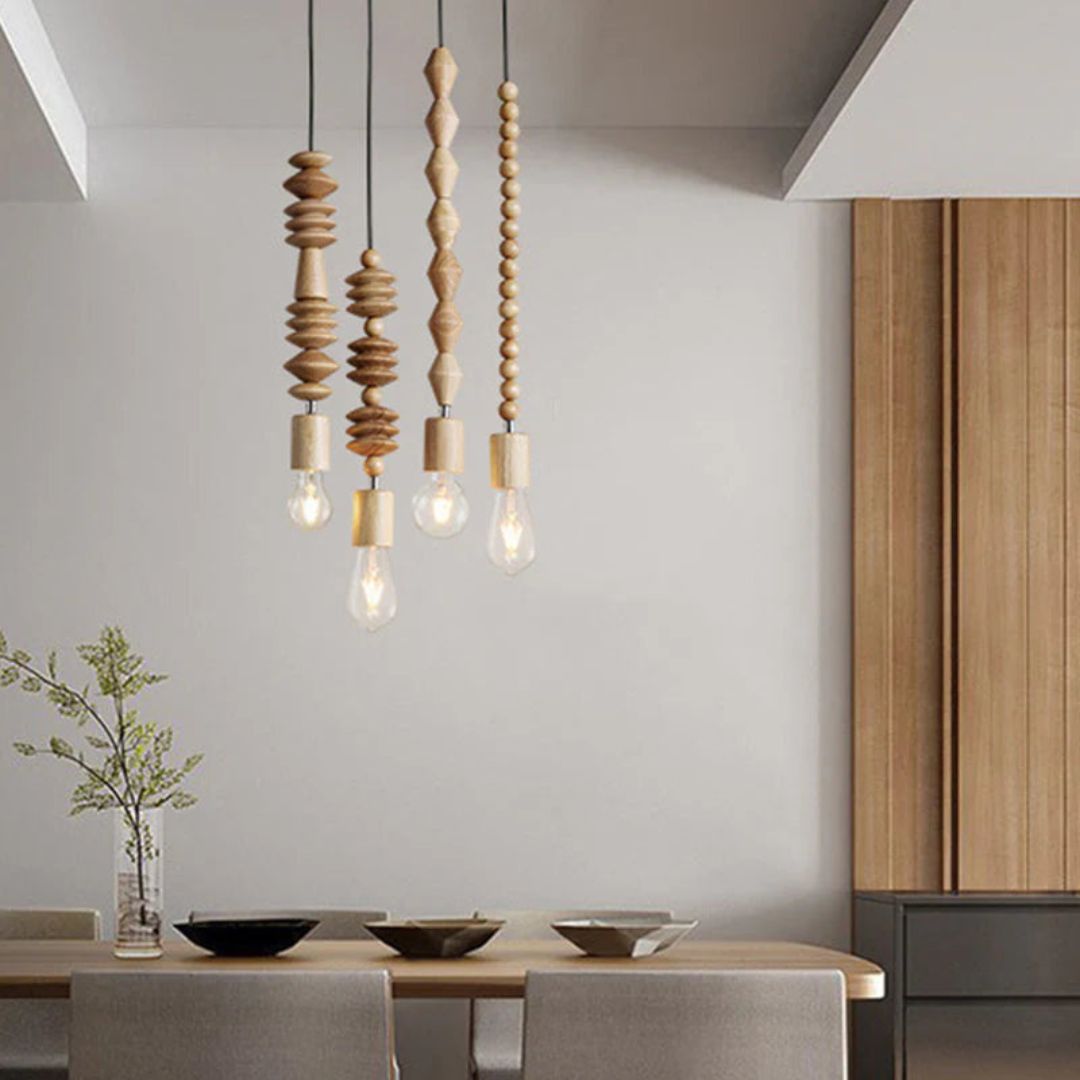 Wooden Beads Pendant Lamp for Kitchen Island - Rustic Modern Hanging Lights