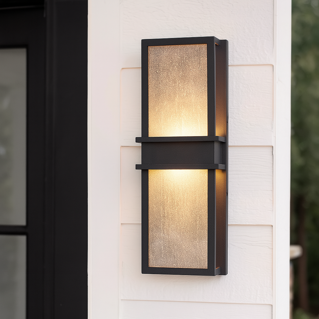 LED Outdoor Wall Sconce Black Seeded Glass 18in Dimmable Waterproof