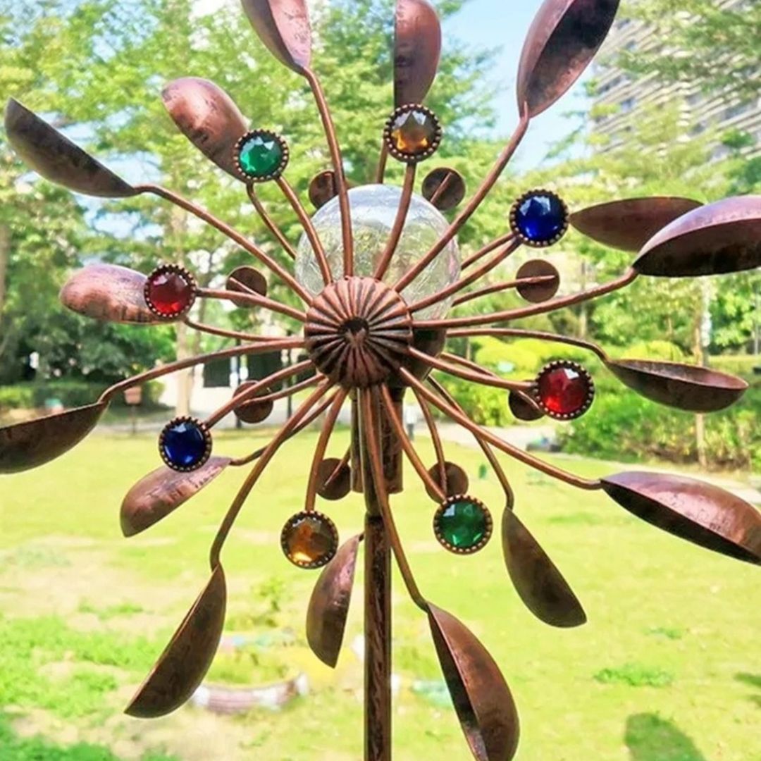 Solar Garden Wind Spinner with LED Lights Double-Sided Bronze Metal Decor