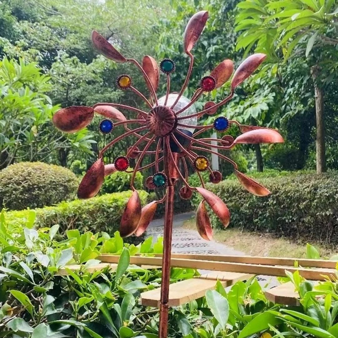 Solar Garden Wind Spinner with LED Lights Double-Sided Bronze Metal Decor