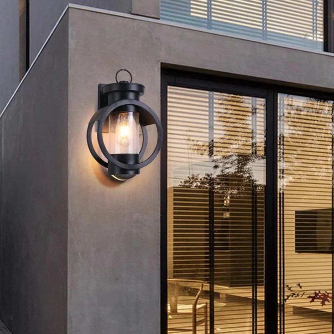 Outdoor Wall Lamp Black Vintage Galvanized Iron with Glass Shade