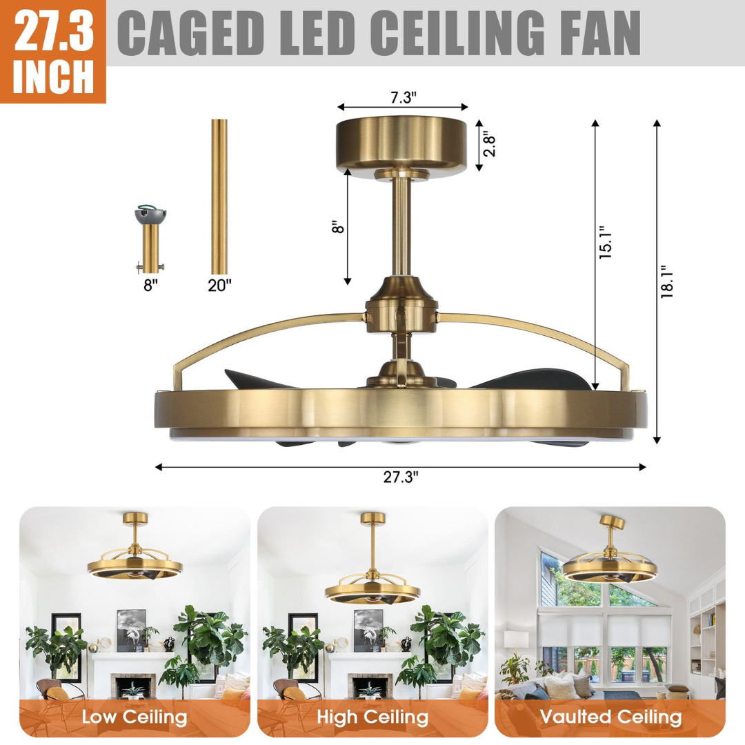 27 Industrial Ceiling Fan with LED Light and Remote Control – Black Blades