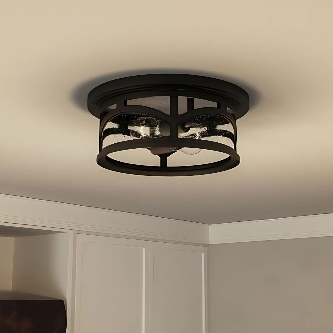 Outdoor Flush Mount Ceiling Light Clear Seedy Glass Black Drum Shade