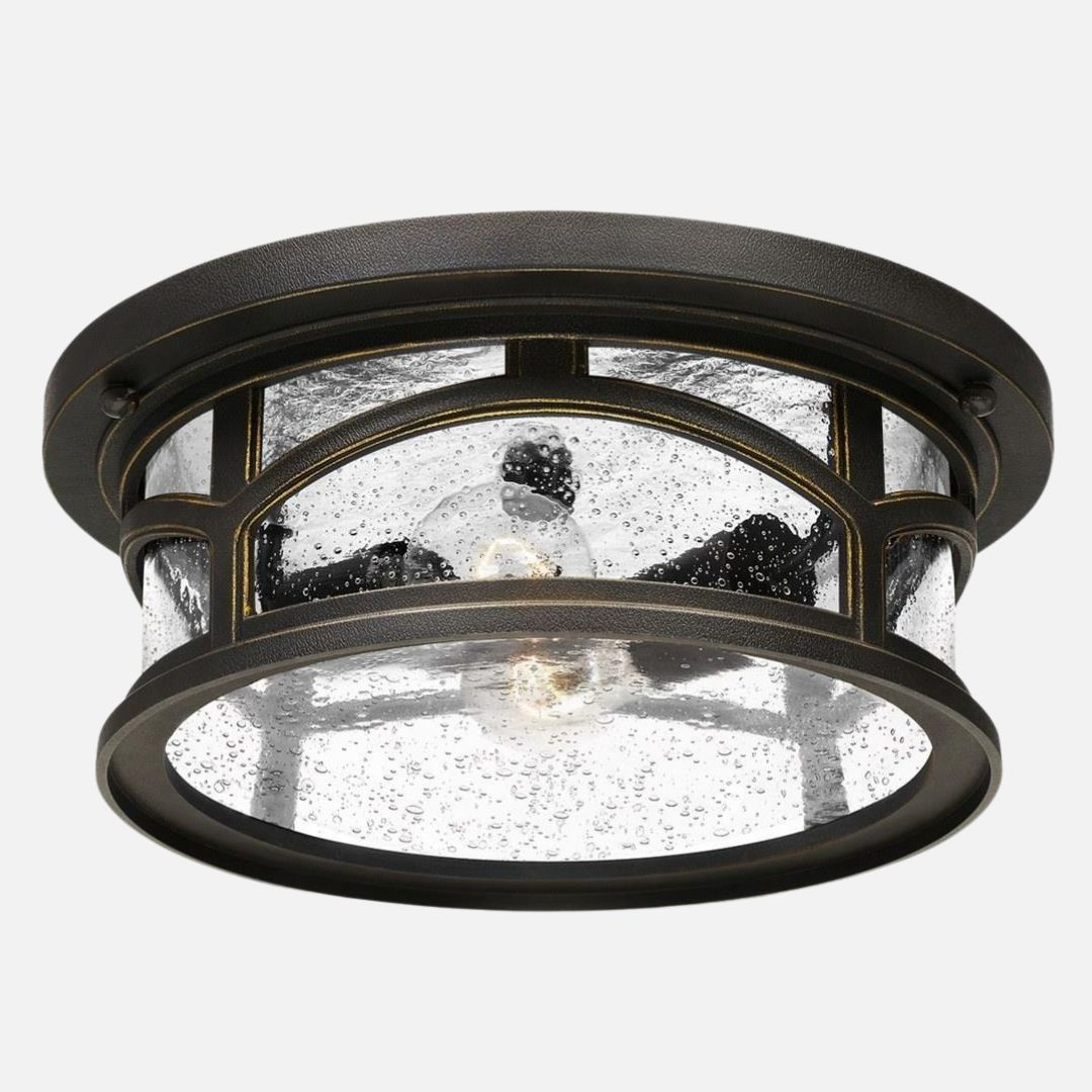 Outdoor Flush Mount Ceiling Light Clear Seedy Glass Black Drum Shade