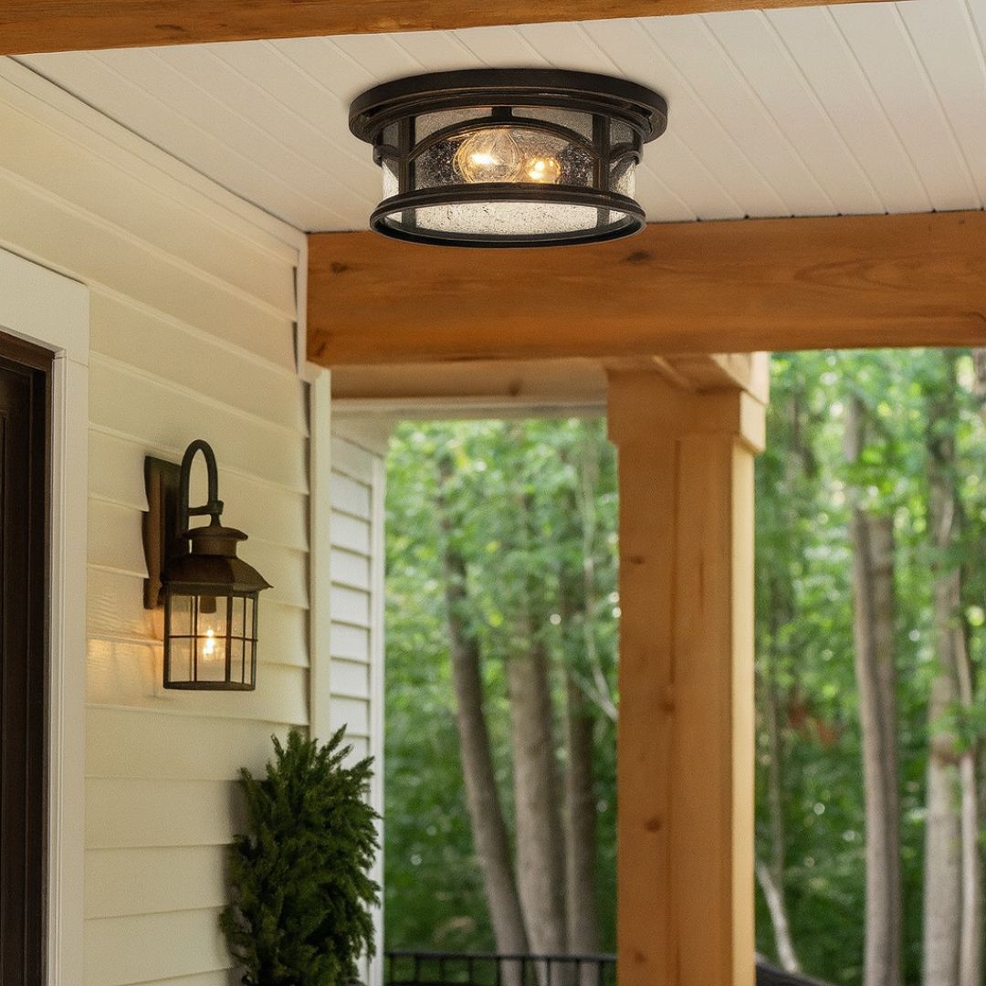 Outdoor Flush Mount Ceiling Light Clear Seedy Glass Black Drum Shade