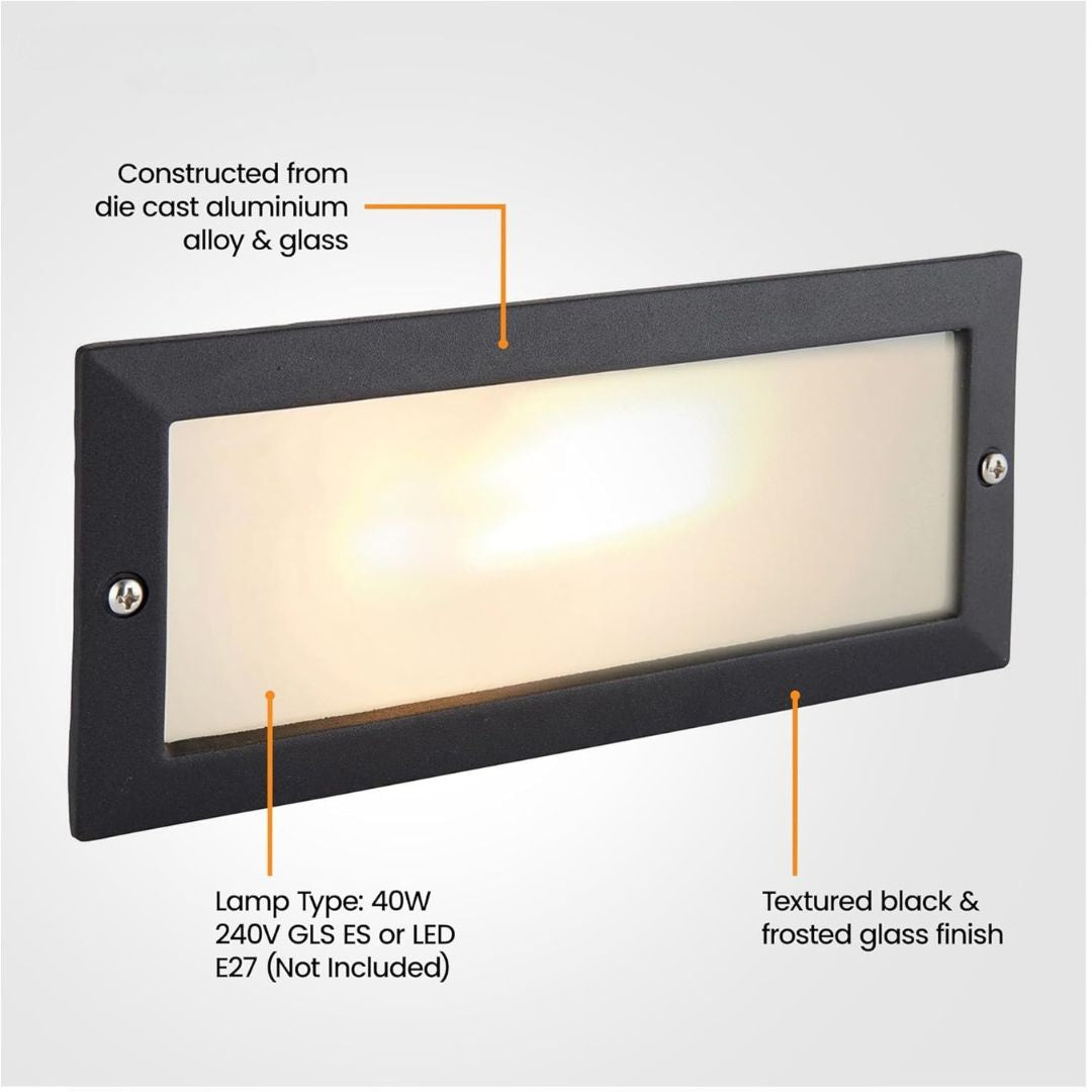 Outdoor Black Brick Light IP44 with Grille and Frosted Glass Panel