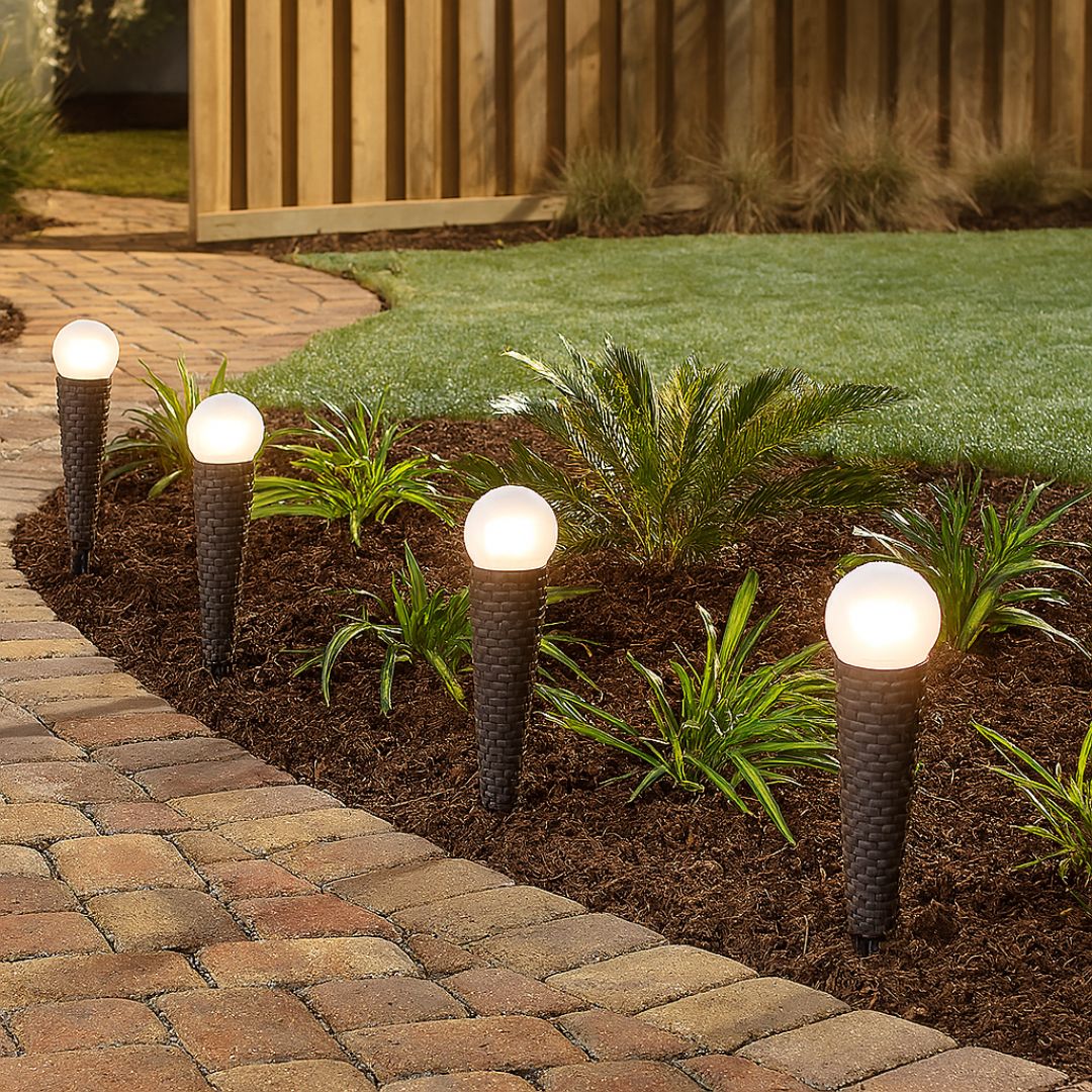 Solar Path Lights 4-Pack Brown Wicker with Frosted Globe