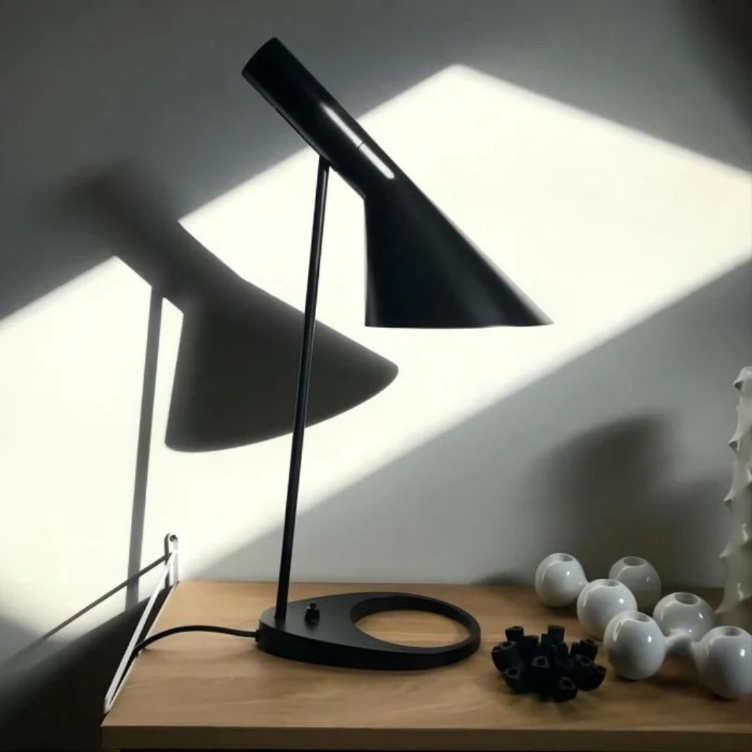 Modern Tilted Desk Lamp – Black or White Metal, E27 Socket, Angled Cone Shade