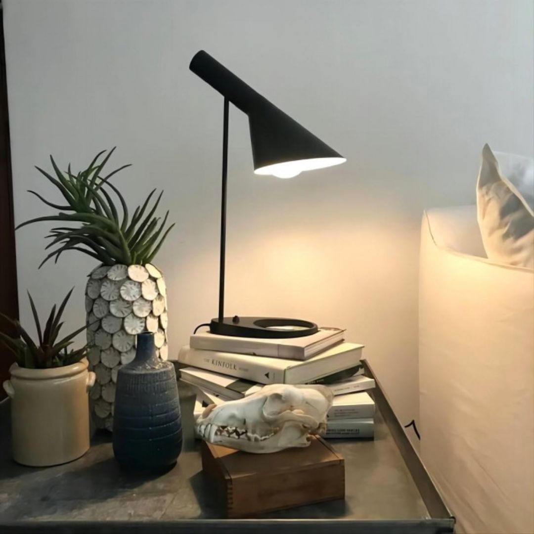 Modern Tilted Desk Lamp – Black or White Metal, E27 Socket, Angled Cone Shade