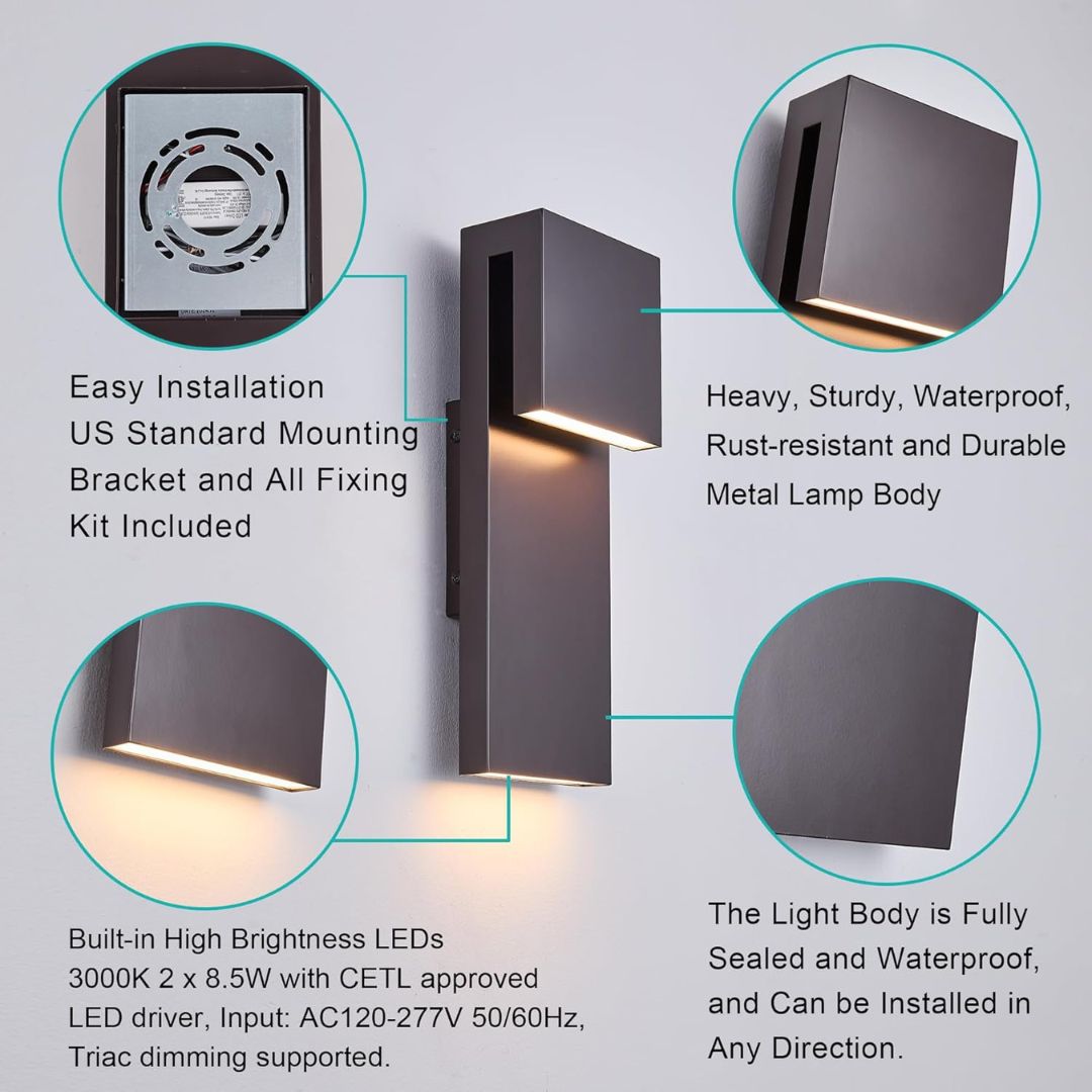 LED Outdoor Wall Sconce 17W Modern Waterproof Light Textured Black