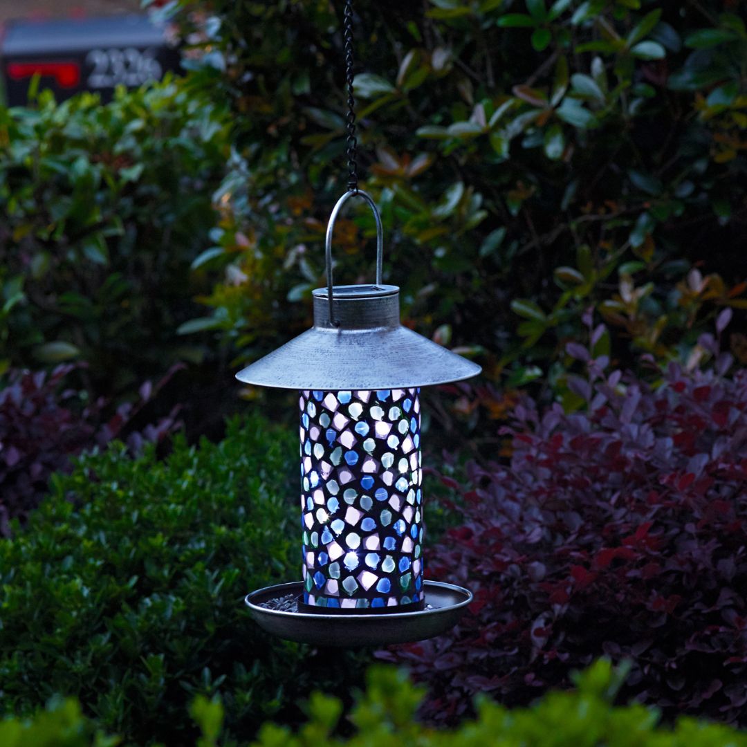 Solar Bird Feeder Light with Mosaic Glass and Pewter Finish