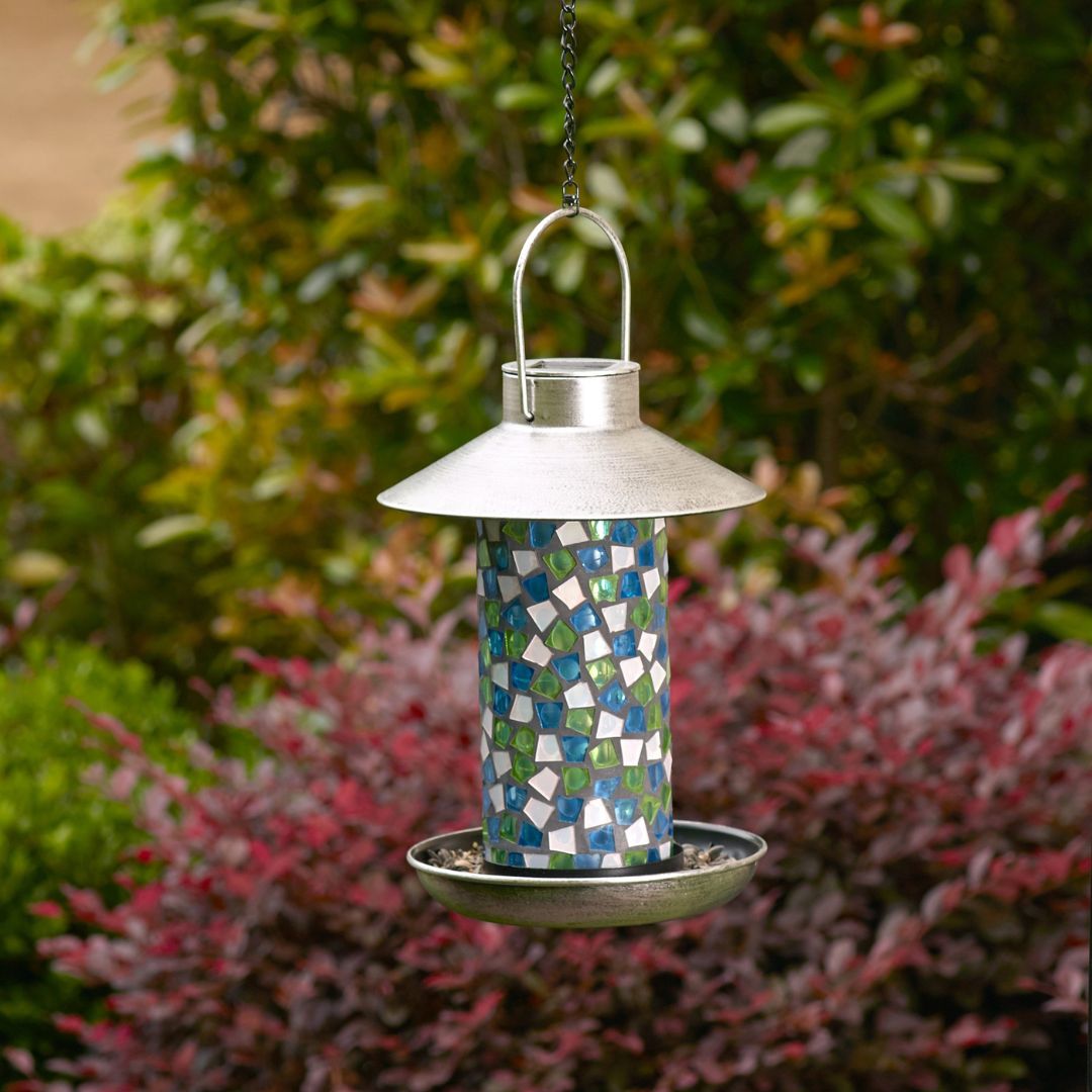 Solar Bird Feeder Light with Mosaic Glass and Pewter Finish