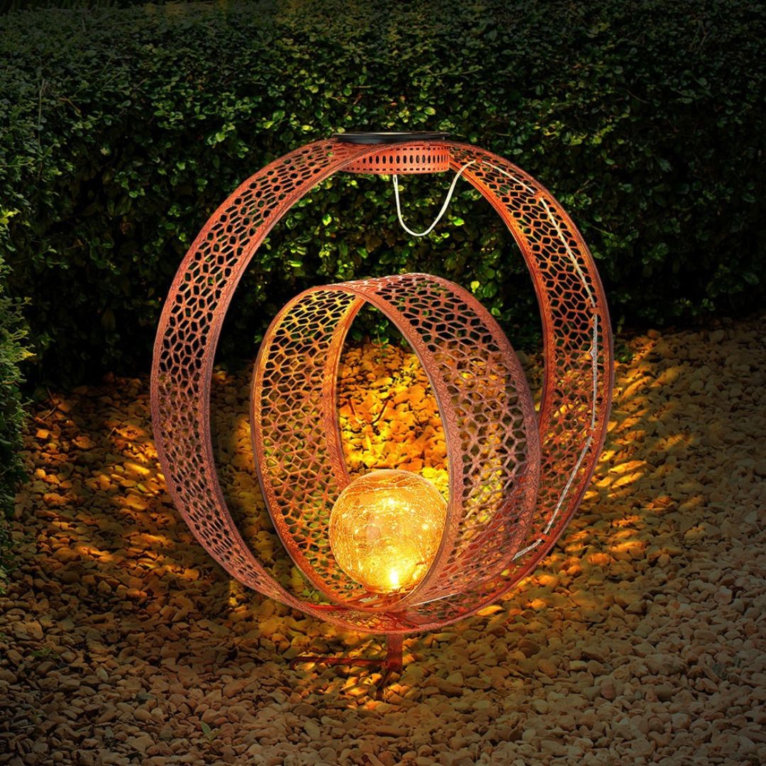 Solar Garden Light Rust Metal Crackle Glass LED Outdoor