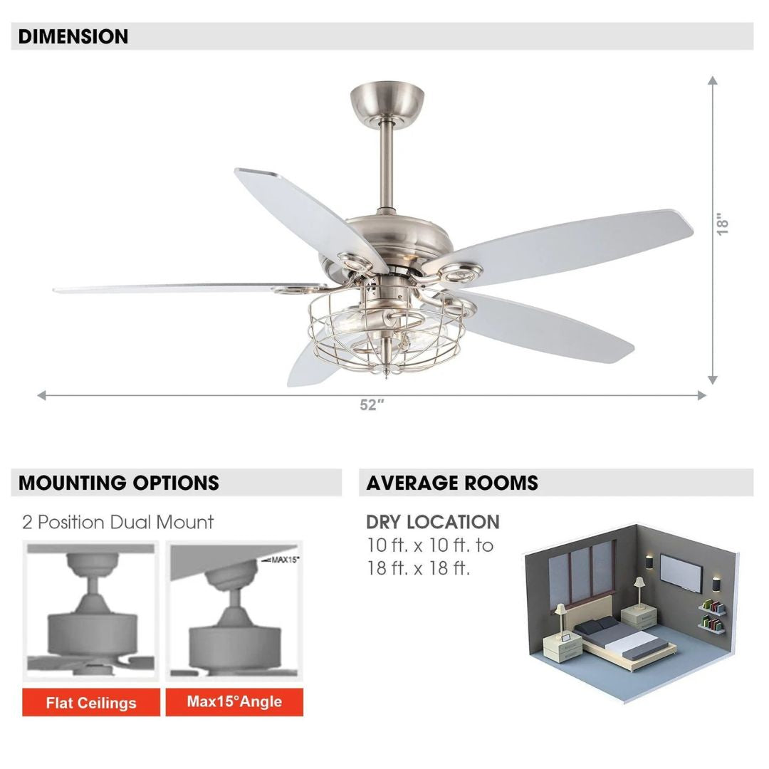 52 Modern Ceiling Fan with Lights and Remote Control – Brushed Nickel Finish