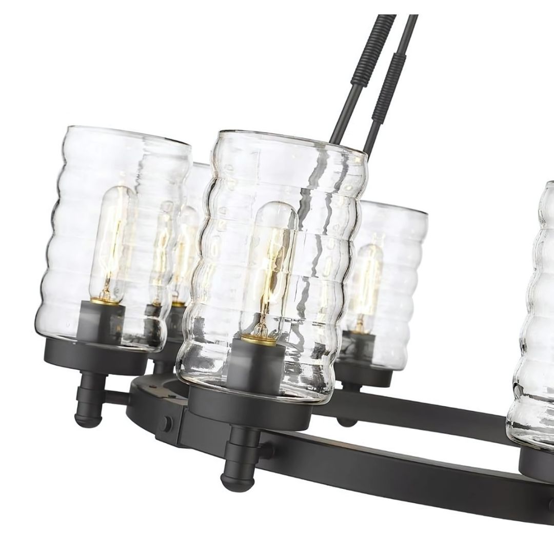 8 Light Outdoor Wagon Wheel Chandelier in Matte Black Glass