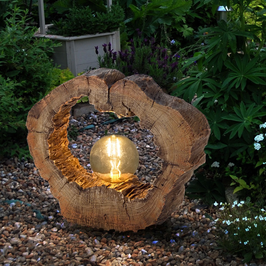 Solar LED Tree Disc Light, Wood Look, 12in Warm White