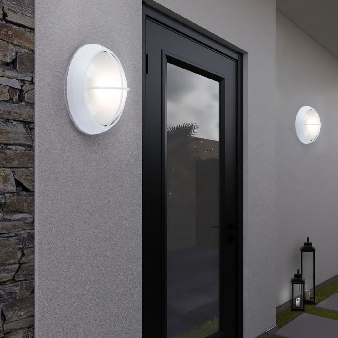 Outdoor LED Wall Lamps Set, Round White Cast Aluminum, IP44