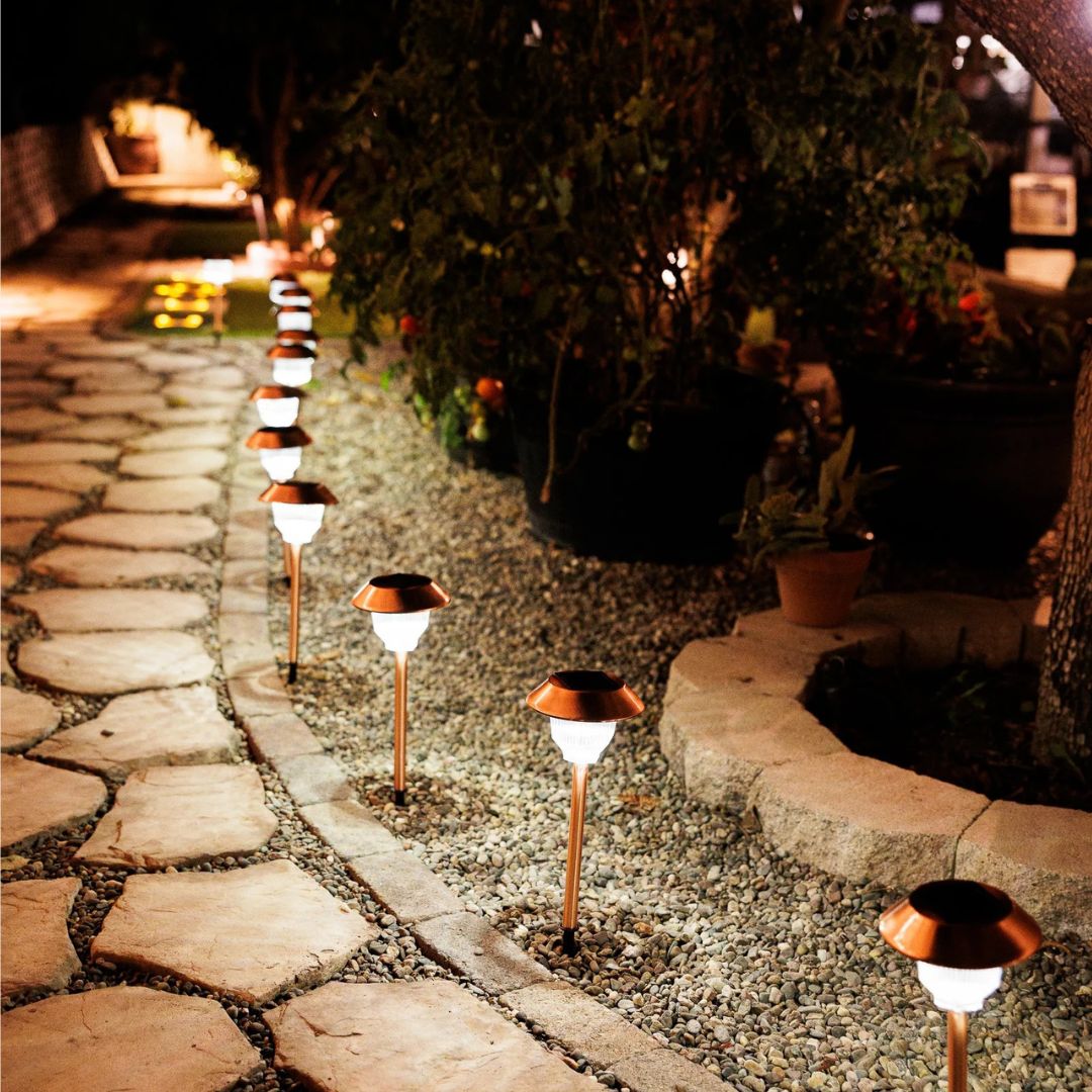 Copper Solar Path Lights Outdoor 12-Pack – Brushed Finish LED Stakes