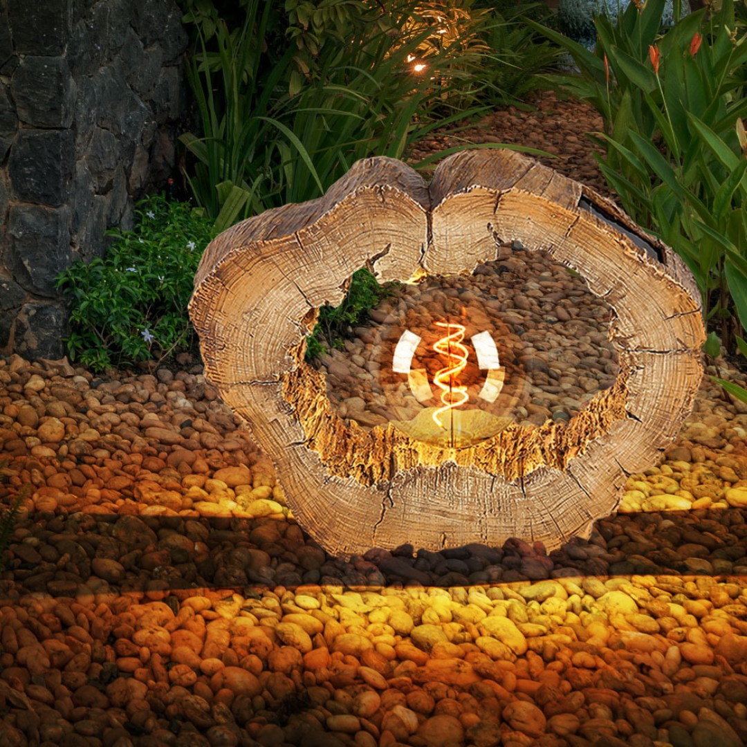 Solar LED Tree Disc Light, Wood Look, 12in Warm White