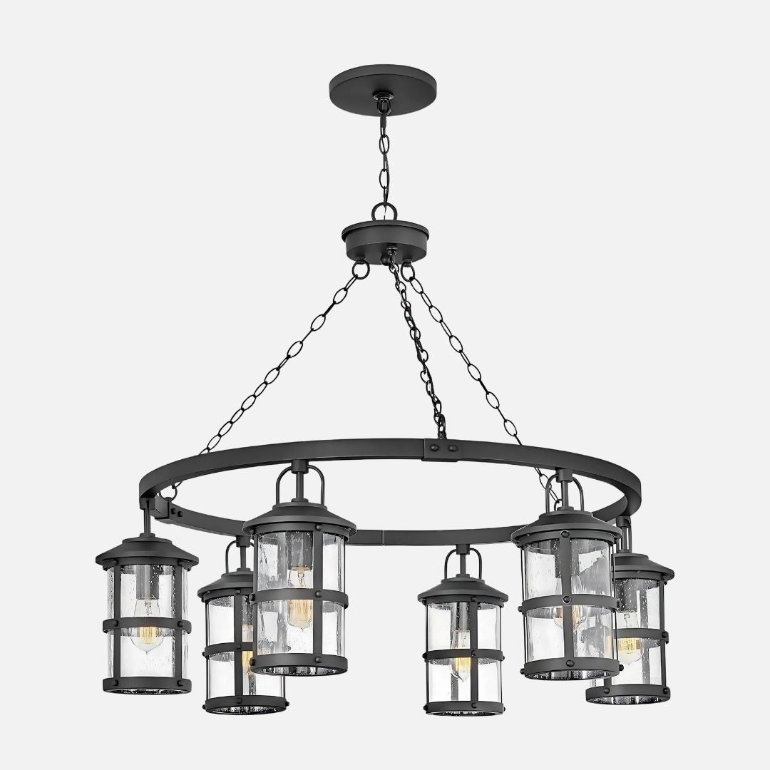 Aged Zinc Outdoor Pendant Light Fixture with Seedy Glass for Exterior Use