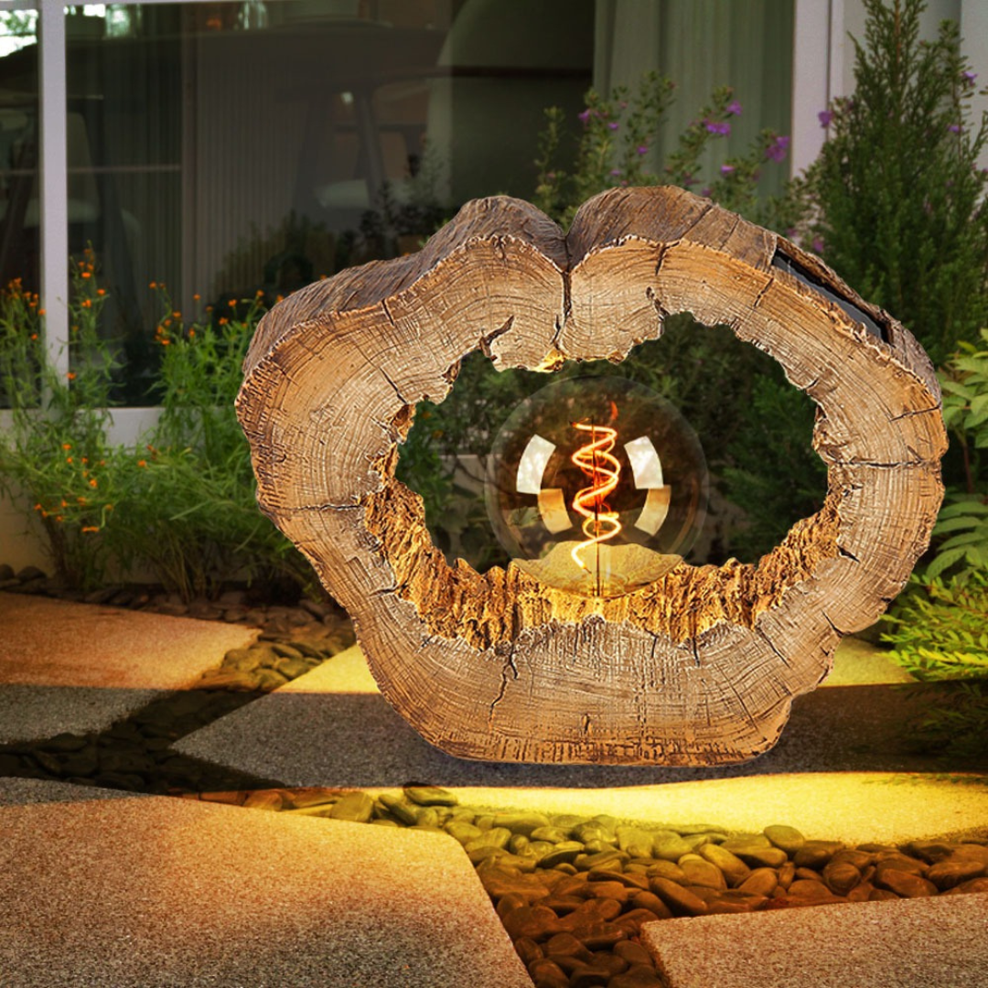 Solar LED Tree Disc Light, Wood Look, 12in Warm White