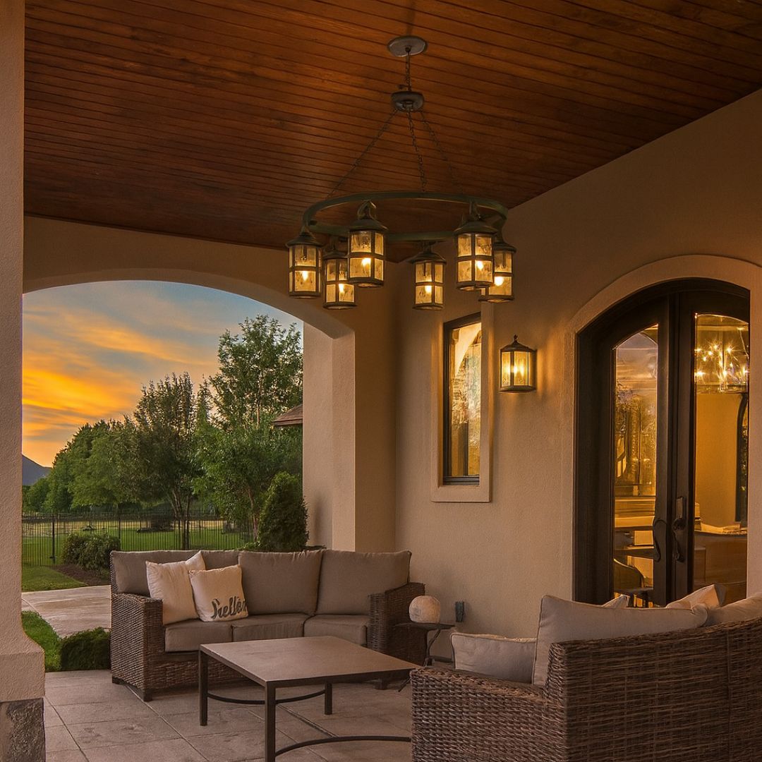 Aged Zinc Outdoor Pendant Light Fixture with Seedy Glass for Exterior Use